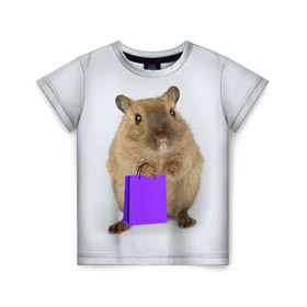 Детская футболка 3D с принтом Хомяк с сумкой в Курске, 100% гипоаллергенный полиэфир | прямой крой, круглый вырез горловины, длина до линии бедер, чуть спущенное плечо, ткань немного тянется | грызун | животные | крыса | мышь | хомяк | яблоко