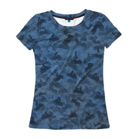 Женская футболка 3D с принтом Камуфляж со снегоходами в Курске, 100% полиэфир ( синтетическое хлопкоподобное полотно) | прямой крой, круглый вырез горловины, длина до линии бедер | зима | милитари | синий | снег | снегоход | текстура | экстремальный | экстрим