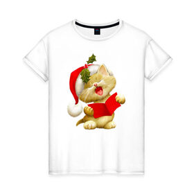 Женская футболка хлопок с принтом Новогодний котенок в Курске, 100% хлопок | прямой крой, круглый вырез горловины, длина до линии бедер, слегка спущенное плечо | 