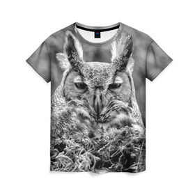 Женская футболка 3D с принтом Филин в Курске, 100% полиэфир ( синтетическое хлопкоподобное полотно) | прямой крой, круглый вырез горловины, длина до линии бедер | bird | nest | night | nocturnal | owl | predator | гнездо | ночной | птица | сова | филин | хищник
