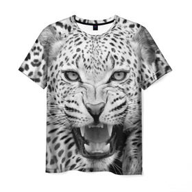 Мужская футболка 3D с принтом Леопард в Курске, 100% полиэфир | прямой крой, круглый вырез горловины, длина до линии бедер | animal | eyes | jaws | leopard | malicious | predator | spotted | teeth | wild | взгляд | дикий | животное | злой | клыки | леопард | оскал | пасть | пятнистый | хищник