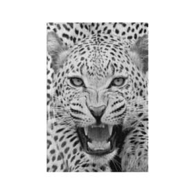 Обложка для паспорта матовая кожа с принтом Леопард в Курске, натуральная матовая кожа | размер 19,3 х 13,7 см; прозрачные пластиковые крепления | animal | eyes | jaws | leopard | malicious | predator | spotted | teeth | wild | взгляд | дикий | животное | злой | клыки | леопард | оскал | пасть | пятнистый | хищник