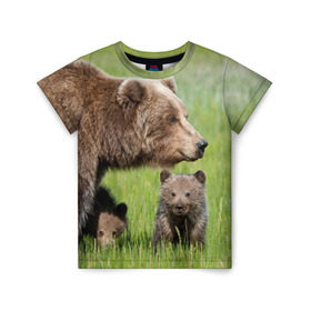 Детская футболка 3D с принтом Медведи в Курске, 100% гипоаллергенный полиэфир | прямой крой, круглый вырез горловины, длина до линии бедер, чуть спущенное плечо, ткань немного тянется | animals | bears | children | family | green | meadow | mother | predators | дети | животные | зеленая | мама | медведи | поляна | семья | хищники
