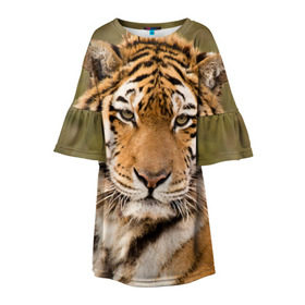 Детское платье 3D с принтом Тигр в Курске, 100% полиэстер | прямой силуэт, чуть расширенный к низу. Круглая горловина, на рукавах — воланы | Тематика изображения на принте: animal | predator | striped | tiger | view | wild | взгляд | дикий | животное | полосатый | тигр | хищник