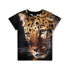 Детская футболка 3D с принтом Леопард в Курске, 100% гипоаллергенный полиэфир | прямой крой, круглый вырез горловины, длина до линии бедер, чуть спущенное плечо, ткань немного тянется | Тематика изображения на принте: animal | leopard | look | predator | spotted | wild | взгляд | дикий | животное | леопард | пятнистый | хищник