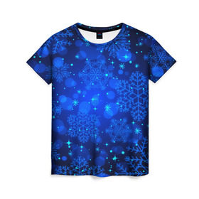 Женская футболка 3D с принтом Снежинки в Курске, 100% полиэфир ( синтетическое хлопкоподобное полотно) | прямой крой, круглый вырез горловины, длина до линии бедер | круги | новогодний | рождество | синий | снежинка | темный