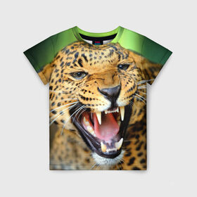 Детская футболка 3D с принтом Леопард в Курске, 100% гипоаллергенный полиэфир | прямой крой, круглый вырез горловины, длина до линии бедер, чуть спущенное плечо, ткань немного тянется | animal | leopard | look | predator | spotted | wild | взгляд | дикий | животное | леопард | пятнистый | хищник