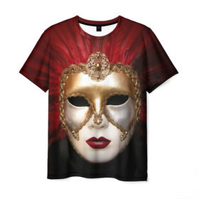 Мужская футболка 3D с принтом Венецианская маска в Курске, 100% полиэфир | прямой крой, круглый вырез горловины, длина до линии бедер | венеция | италия | карнавал | красный | лицо | перья