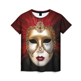Женская футболка 3D с принтом Венецианская маска в Курске, 100% полиэфир ( синтетическое хлопкоподобное полотно) | прямой крой, круглый вырез горловины, длина до линии бедер | венеция | италия | карнавал | красный | лицо | перья