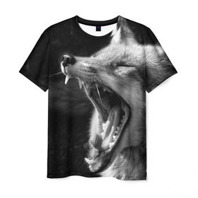 Мужская футболка 3D с принтом Лиса в Курске, 100% полиэфир | прямой крой, круглый вырез горловины, длина до линии бедер | animal | bw | fox | jaws | predator | sly | teeth | wild | yawn | дикая | животное | зевает | зубы | лиса | пасть | хитрая | хищник | чб