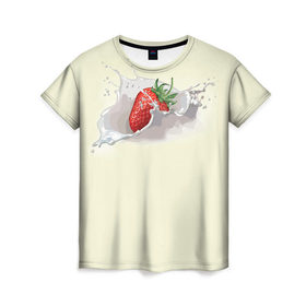Женская футболка 3D с принтом Клубника со сливками в Курске, 100% полиэфир ( синтетическое хлопкоподобное полотно) | прямой крой, круглый вырез горловины, длина до линии бедер | 