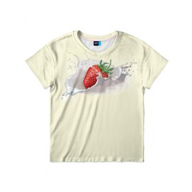 Детская футболка 3D с принтом Клубника со сливками в Курске, 100% гипоаллергенный полиэфир | прямой крой, круглый вырез горловины, длина до линии бедер, чуть спущенное плечо, ткань немного тянется | Тематика изображения на принте: 