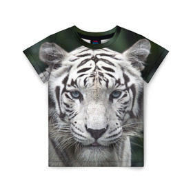 Детская футболка 3D с принтом Белый тигр в Курске, 100% гипоаллергенный полиэфир | прямой крой, круглый вырез горловины, длина до линии бедер, чуть спущенное плечо, ткань немного тянется | animal | jungle | look | predator | tiger | white | wild | белый | взгляд | джунгли | дикий | животное | тигр | хищник