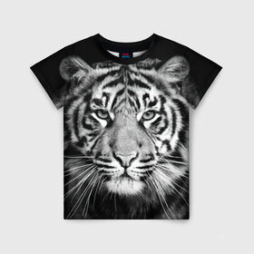 Детская футболка 3D с принтом Тигр в Курске, 100% гипоаллергенный полиэфир | прямой крой, круглый вырез горловины, длина до линии бедер, чуть спущенное плечо, ткань немного тянется | Тематика изображения на принте: animal | black   white | look | predator | tiger | wild | взгляд | дикий | животное | тигр | хищник | черно   белый