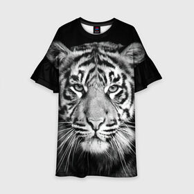 Детское платье 3D с принтом Тигр в Курске, 100% полиэстер | прямой силуэт, чуть расширенный к низу. Круглая горловина, на рукавах — воланы | animal | black   white | look | predator | tiger | wild | взгляд | дикий | животное | тигр | хищник | черно   белый