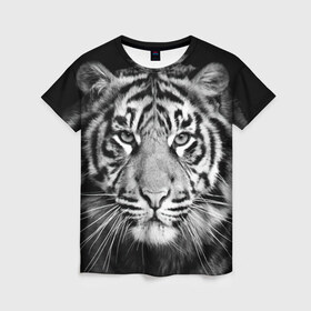 Женская футболка 3D с принтом Тигр в Курске, 100% полиэфир ( синтетическое хлопкоподобное полотно) | прямой крой, круглый вырез горловины, длина до линии бедер | animal | black   white | look | predator | tiger | wild | взгляд | дикий | животное | тигр | хищник | черно   белый