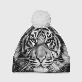 Шапка 3D c помпоном с принтом Тигр в Курске, 100% полиэстер | универсальный размер, печать по всей поверхности изделия | animal | black   white | look | predator | tiger | wild | взгляд | дикий | животное | тигр | хищник | черно   белый