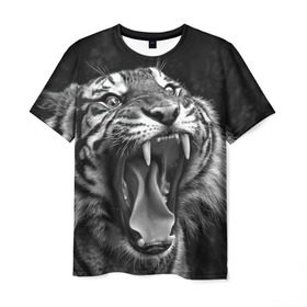 Мужская футболка 3D с принтом Тигр в Курске, 100% полиэфир | прямой крой, круглый вырез горловины, длина до линии бедер | Тематика изображения на принте: animal | black   white | fangs | jaws | jungle | predator | teeth | tiger | wild | джунгли | дикий | животное | клыки | оскал | пасть | тигр | хищник | черно   белый