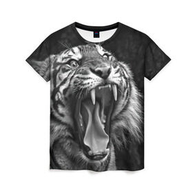 Женская футболка 3D с принтом Тигр в Курске, 100% полиэфир ( синтетическое хлопкоподобное полотно) | прямой крой, круглый вырез горловины, длина до линии бедер | animal | black   white | fangs | jaws | jungle | predator | teeth | tiger | wild | джунгли | дикий | животное | клыки | оскал | пасть | тигр | хищник | черно   белый