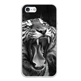 Чехол для iPhone 5/5S матовый с принтом Тигр в Курске, Силикон | Область печати: задняя сторона чехла, без боковых панелей | animal | black   white | fangs | jaws | jungle | predator | teeth | tiger | wild | джунгли | дикий | животное | клыки | оскал | пасть | тигр | хищник | черно   белый
