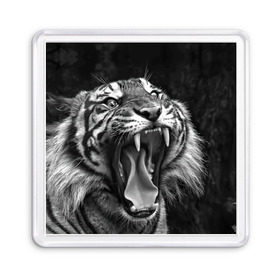 Магнит 55*55 с принтом Тигр в Курске, Пластик | Размер: 65*65 мм; Размер печати: 55*55 мм | animal | black   white | fangs | jaws | jungle | predator | teeth | tiger | wild | джунгли | дикий | животное | клыки | оскал | пасть | тигр | хищник | черно   белый