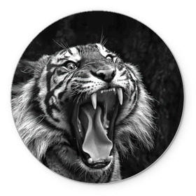Коврик круглый с принтом Тигр в Курске, резина и полиэстер | круглая форма, изображение наносится на всю лицевую часть | animal | black   white | fangs | jaws | jungle | predator | teeth | tiger | wild | джунгли | дикий | животное | клыки | оскал | пасть | тигр | хищник | черно   белый