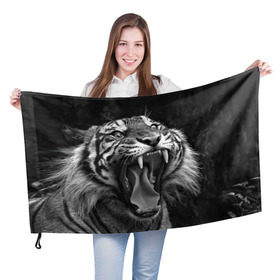 Флаг 3D с принтом Тигр в Курске, 100% полиэстер | плотность ткани — 95 г/м2, размер — 67 х 109 см. Принт наносится с одной стороны | animal | black   white | fangs | jaws | jungle | predator | teeth | tiger | wild | джунгли | дикий | животное | клыки | оскал | пасть | тигр | хищник | черно   белый