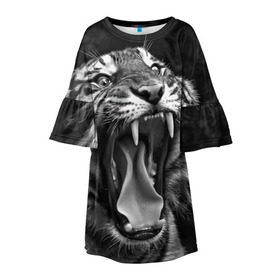 Детское платье 3D с принтом Тигр в Курске, 100% полиэстер | прямой силуэт, чуть расширенный к низу. Круглая горловина, на рукавах — воланы | animal | black   white | fangs | jaws | jungle | predator | teeth | tiger | wild | джунгли | дикий | животное | клыки | оскал | пасть | тигр | хищник | черно   белый
