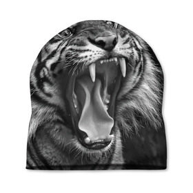 Шапка 3D с принтом Тигр в Курске, 100% полиэстер | универсальный размер, печать по всей поверхности изделия | animal | black   white | fangs | jaws | jungle | predator | teeth | tiger | wild | джунгли | дикий | животное | клыки | оскал | пасть | тигр | хищник | черно   белый