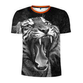 Мужская футболка 3D спортивная с принтом Тигр в Курске, 100% полиэстер с улучшенными характеристиками | приталенный силуэт, круглая горловина, широкие плечи, сужается к линии бедра | animal | black   white | fangs | jaws | jungle | predator | teeth | tiger | wild | джунгли | дикий | животное | клыки | оскал | пасть | тигр | хищник | черно   белый