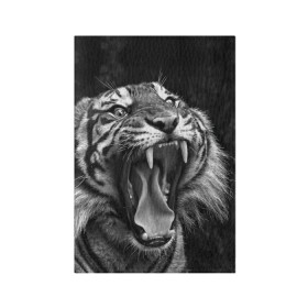 Обложка для паспорта матовая кожа с принтом Тигр в Курске, натуральная матовая кожа | размер 19,3 х 13,7 см; прозрачные пластиковые крепления | Тематика изображения на принте: animal | black   white | fangs | jaws | jungle | predator | teeth | tiger | wild | джунгли | дикий | животное | клыки | оскал | пасть | тигр | хищник | черно   белый