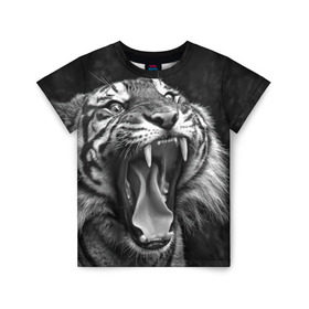 Детская футболка 3D с принтом Тигр в Курске, 100% гипоаллергенный полиэфир | прямой крой, круглый вырез горловины, длина до линии бедер, чуть спущенное плечо, ткань немного тянется | animal | black   white | fangs | jaws | jungle | predator | teeth | tiger | wild | джунгли | дикий | животное | клыки | оскал | пасть | тигр | хищник | черно   белый