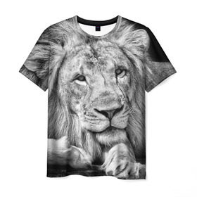 Мужская футболка 3D с принтом Лев в Курске, 100% полиэфир | прямой крой, круглый вырез горловины, длина до линии бедер | animal | black   white | king | lies | lion | look | predator | wild | взгляд | дикий | животное | зверь | лев | лежит | хищник | царь | черно   белый