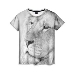 Женская футболка 3D с принтом Лев в Курске, 100% полиэфир ( синтетическое хлопкоподобное полотно) | прямой крой, круглый вырез горловины, длина до линии бедер | animal | black   white | king | lion | look | predator | wild | взгляд | дикий | животное | зверь | лев | хищник | царь | черно   белый