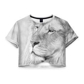 Женская футболка 3D укороченная с принтом Лев в Курске, 100% полиэстер | круглая горловина, длина футболки до линии талии, рукава с отворотами | animal | black   white | king | lion | look | predator | wild | взгляд | дикий | животное | зверь | лев | хищник | царь | черно   белый