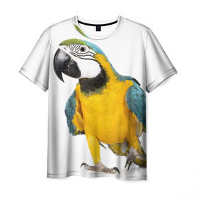 Мужская футболка 3D с принтом Попугай ара в Курске, 100% полиэфир | прямой крой, круглый вырез горловины, длина до линии бедер | Тематика изображения на принте: желтый | птица | синий | экзотика