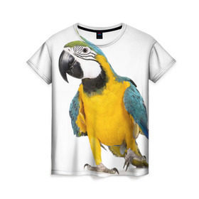 Женская футболка 3D с принтом Попугай ара в Курске, 100% полиэфир ( синтетическое хлопкоподобное полотно) | прямой крой, круглый вырез горловины, длина до линии бедер | Тематика изображения на принте: желтый | птица | синий | экзотика