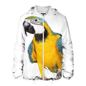 Мужская куртка 3D с принтом Попугай ара в Курске, ткань верха — 100% полиэстер, подклад — флис | прямой крой, подол и капюшон оформлены резинкой с фиксаторами, два кармана без застежек по бокам, один большой потайной карман на груди. Карман на груди застегивается на липучку | Тематика изображения на принте: желтый | птица | синий | экзотика
