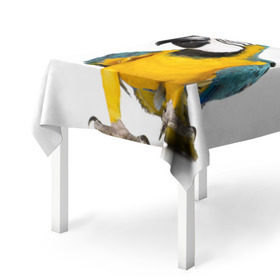 Скатерть 3D с принтом Попугай ара в Курске, 100% полиэстер (ткань не мнется и не растягивается) | Размер: 150*150 см | Тематика изображения на принте: желтый | птица | синий | экзотика