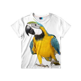 Детская футболка 3D с принтом Попугай ара в Курске, 100% гипоаллергенный полиэфир | прямой крой, круглый вырез горловины, длина до линии бедер, чуть спущенное плечо, ткань немного тянется | желтый | птица | синий | экзотика