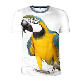 Мужская футболка 3D спортивная с принтом Попугай ара в Курске, 100% полиэстер с улучшенными характеристиками | приталенный силуэт, круглая горловина, широкие плечи, сужается к линии бедра | Тематика изображения на принте: желтый | птица | синий | экзотика