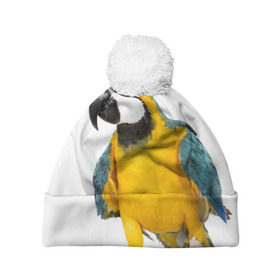 Шапка 3D c помпоном с принтом Попугай ара в Курске, 100% полиэстер | универсальный размер, печать по всей поверхности изделия | Тематика изображения на принте: желтый | птица | синий | экзотика