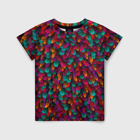 Детская футболка 3D с принтом Перья в Курске, 100% гипоаллергенный полиэфир | прямой крой, круглый вырез горловины, длина до линии бедер, чуть спущенное плечо, ткань немного тянется | петух | попугай | птица | разноцветный | текстура | чудо