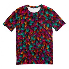 Мужская футболка 3D с принтом Перья в Курске, 100% полиэфир | прямой крой, круглый вырез горловины, длина до линии бедер | Тематика изображения на принте: петух | попугай | птица | разноцветный | текстура | чудо