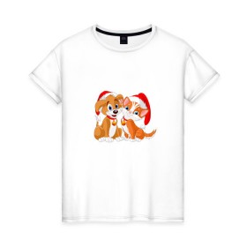 Женская футболка хлопок с принтом Щенок и котенок в Курске, 100% хлопок | прямой крой, круглый вырез горловины, длина до линии бедер, слегка спущенное плечо | 