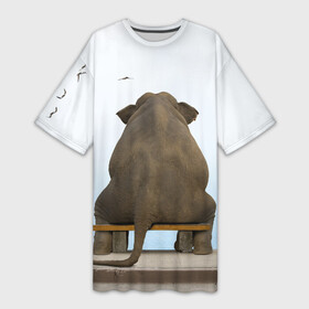 Платье-футболка 3D с принтом Слон и журавли в Курске,  |  | bench | coast | cranes | dream | elephant | flight | sea | sitting | берег | журавли | мечты | море | полет | сидит | скамейка | слон