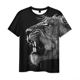 Мужская футболка 3D с принтом Львица в Курске, 100% полиэфир | прямой крой, круглый вырез горловины, длина до линии бедер | animal | fangs | head | lion | lioness | predator | teeth | wild | голова | дикая | животное | клыки | лев | львица | оскал | хищник
