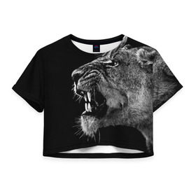 Женская футболка 3D укороченная с принтом Львица в Курске, 100% полиэстер | круглая горловина, длина футболки до линии талии, рукава с отворотами | animal | fangs | head | lion | lioness | predator | teeth | wild | голова | дикая | животное | клыки | лев | львица | оскал | хищник