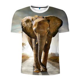 Мужская футболка 3D спортивная с принтом Слон в Курске, 100% полиэстер с улучшенными характеристиками | приталенный силуэт, круглая горловина, широкие плечи, сужается к линии бедра | Тематика изображения на принте: africa | animal | big | elephant | go | road | savannah | wild | африка | большой | дикий | дорога | животное | идет | саванна | слон