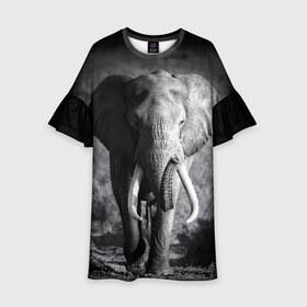 Детское платье 3D с принтом Слон в Курске, 100% полиэстер | прямой силуэт, чуть расширенный к низу. Круглая горловина, на рукавах — воланы | africa | animal | big | black   white | elephant | go | road | savannah | wild | африка | большой | дикий | дорога | животное | идет | саванна | слон | черно   белый